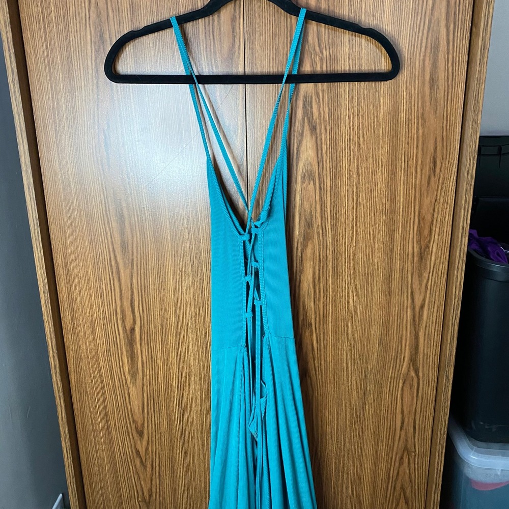 Niay Ribbed Wide Leg Jumpsuit Womens L Teal Cowl Neck Lace Up Back Slit - Picture 7 of 8